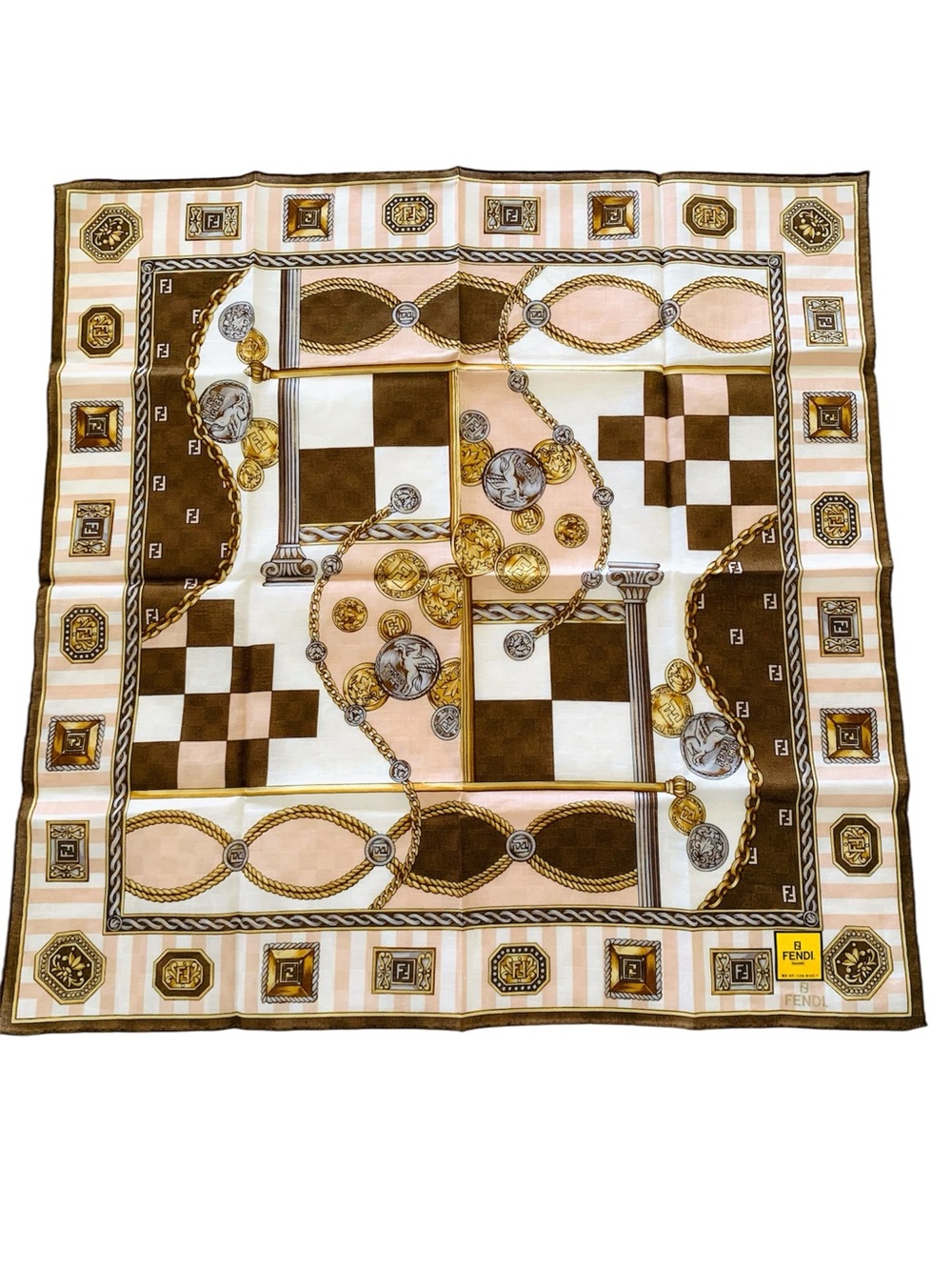FENDI NWT 19” Square Handkerchief Scarf FF Logo Chain Coin Brown Pink Made Japan